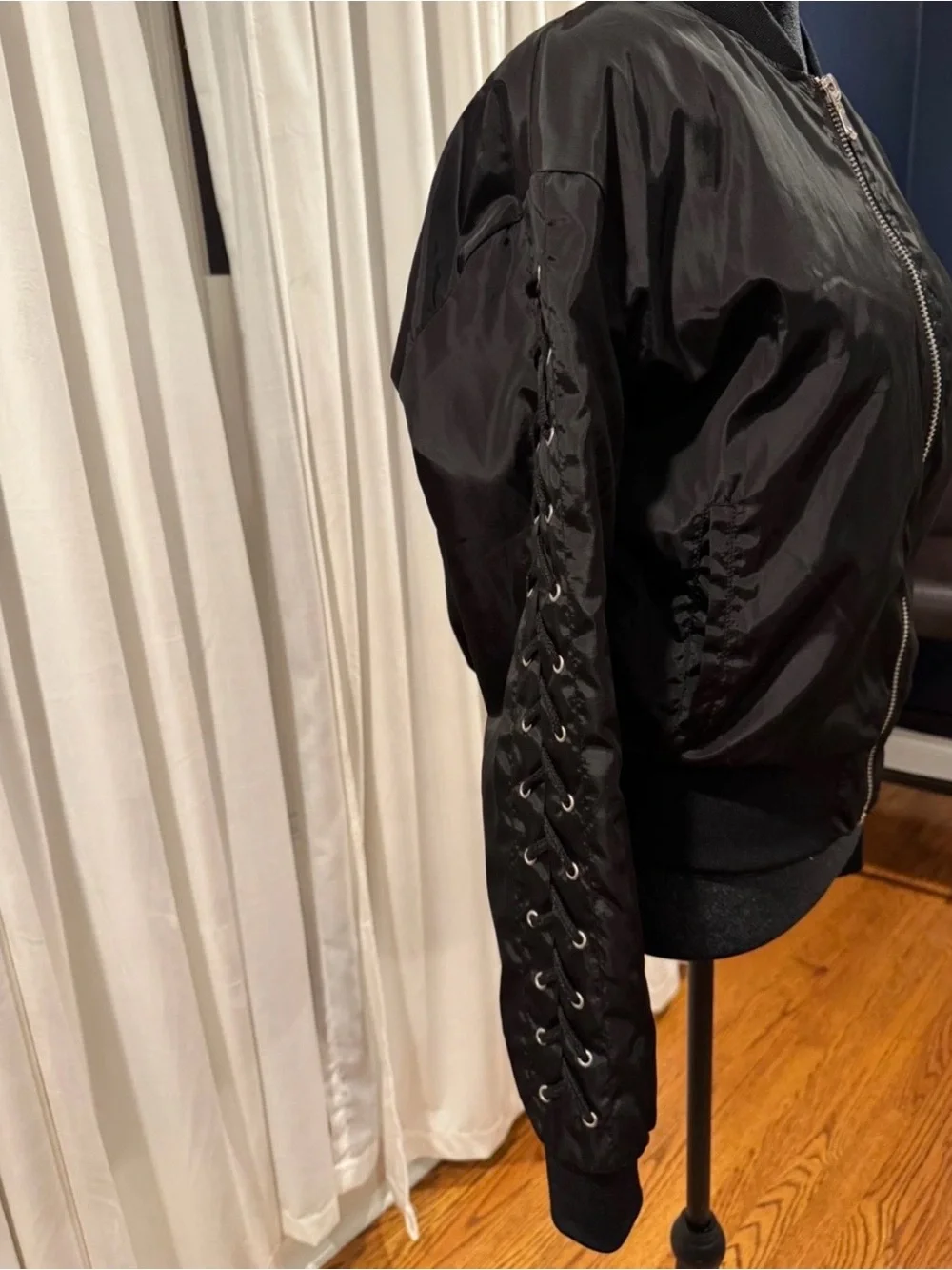 Ci Sono Black Bomber Jacket with Lace-Up Sleeve Detail